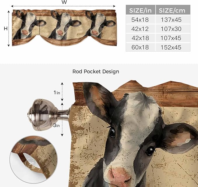Farmhouse Cow Tie Up Valance Curtains for Windows, Kitchen Curtains Window Shades, Country Vintage Animals Wooden Grain Light Filtering Roman Curtain Valances for Bedroom/Bathroom/Cafe 42"x18"