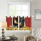 Chicken Sunflowers Kitchen Curtains 36 Inch Length, Small Window Curtains Tab Top, Farmhouse Animals Red Barn Bees Light Filtering Short Window Treatments Tier Drapes 27.5"x36" 2 Panel