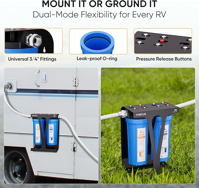 PUREPLUS RV Dual Stage Water Filter System with Grooved Sediment and KDF/Carbon Cartridges, Stainless Steel 3/4" Fittings, Reduces Sediment, Heavy Metals, Chlorine, Odors and More