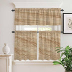 Kitchen Curtains Tiers and Valance Set of 3, Country Farmhouse Light Filtering Window Curtain Set, Vintage Brown Wooden Grain Rod Pocket Curtain Drapes for Cafe, Living Room, 24 Inches Tiers