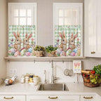 Easter Kitchen Curtains Set 3 Piece for Windows, Rod Pocket Valance and Tier Set 36 Inch Length, Spring Rabbit Eggs Flower Butterfly Green Plaid Light Filtering Cafe Curtains for Living Room Bathroom
