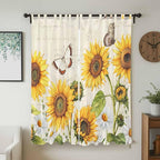 Farm Sunflowers Living Room Curtains 96 Inch Length, Window Curtains Tab Top, Retro Flowers Butterfly Botanical Beige Light Filtering Window Treatments Drapes 52"x96" 2 Panel