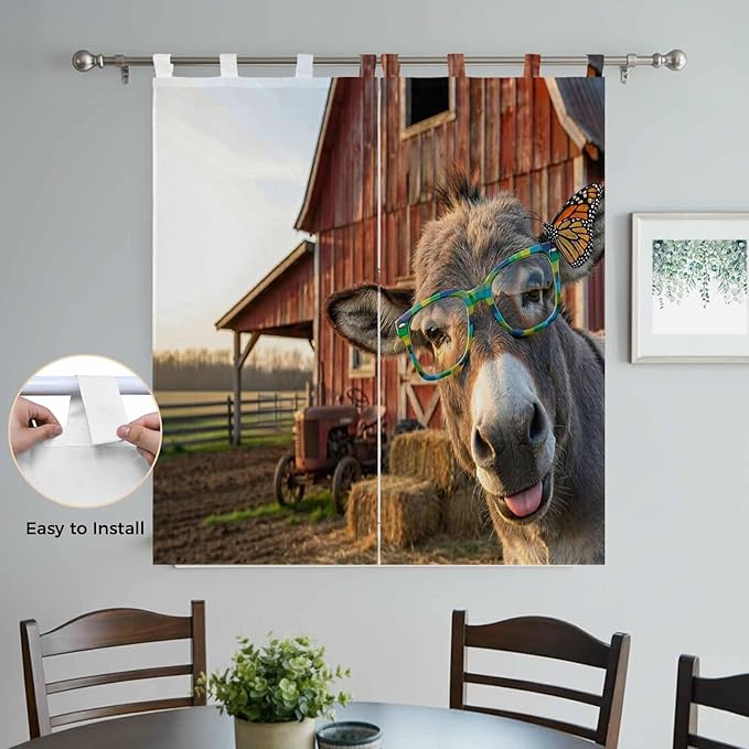 Farm Donkeys Living Room Curtains 84 Inch Length, Window Curtains Tab Top, Farmhouse Barn Funny Animals Butterfly Light Filtering Window Treatments Drapes 42"x84" 2 Panel