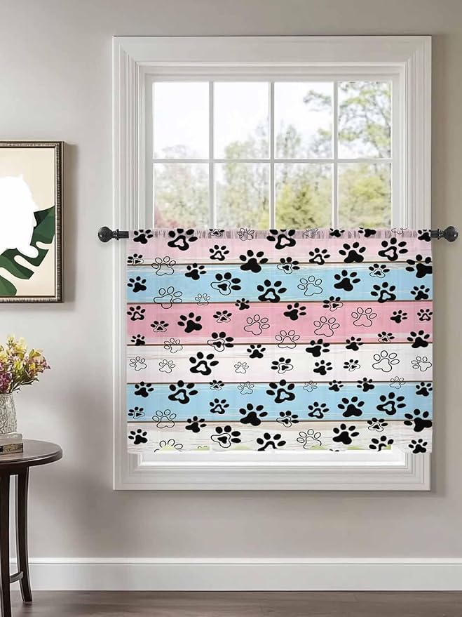 Sheer Curtains 54 Inch Length, Pink Blue Paw Print Semi Sheer Curtains Light Filtering Window Treatment, Vintage Farmhouse Wooden Grain Privacy Voile Drapes for Living Room Bedroom 52x54 Inch