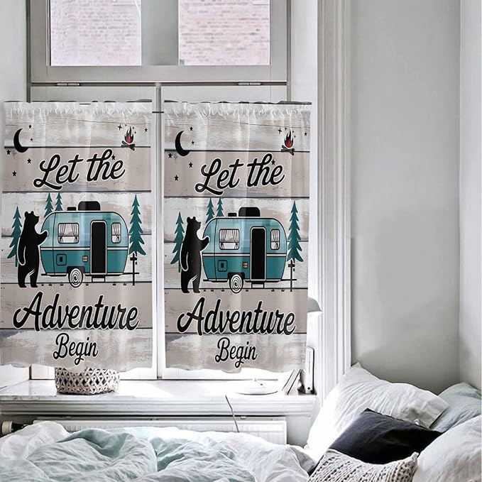 Farmhouse Bear Camper Van Tree Window Valance Curtains, Vintage Wood Grain Light Filtering Kitchen Valance with 3-inch Rod Pocket for Living Room Bathroom Bedroom,2 Panel,42x54In