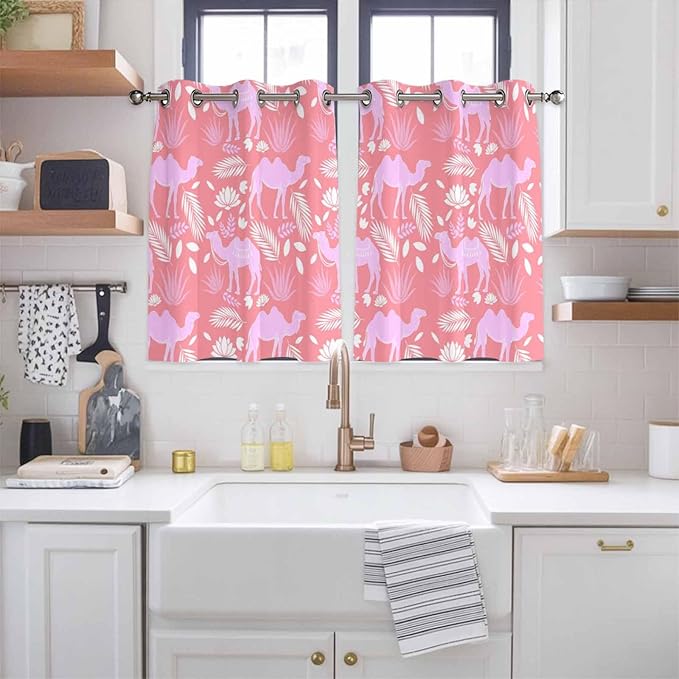 2 Panel Kitchen Cafe Curtains, Desert Camel Sunlight Filtering Nature Air Through, Window Decor Tier Curtains for Living Room 104W x 52L inch Vintage Sand Camel Leaves Flower Pattern Pink