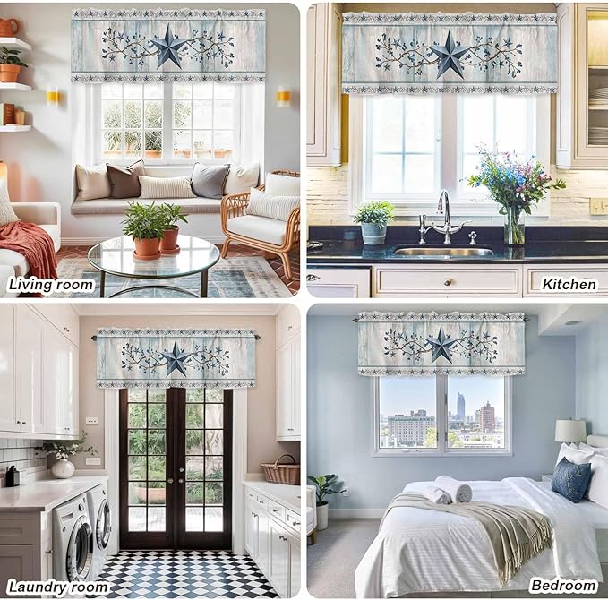 Texas Star Blue Curtain Valances for Windows, Kitchen Valance Window Treatment, Farmhouse Country Branches Wooden Grain Light Filtering Block Curtains for Bathroom/Bedroom/Living Room 42'' x 18''