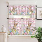 Kitchen Curtains Tiers and Valance Set of 3, Easter Light Filtering Window Curtain Set, Spring Rabbit Eggs Nature Botanicals Pink Plaid Rod Pocket Curtain Drapes for Cafe, Living Room, 24 Inches Tiers