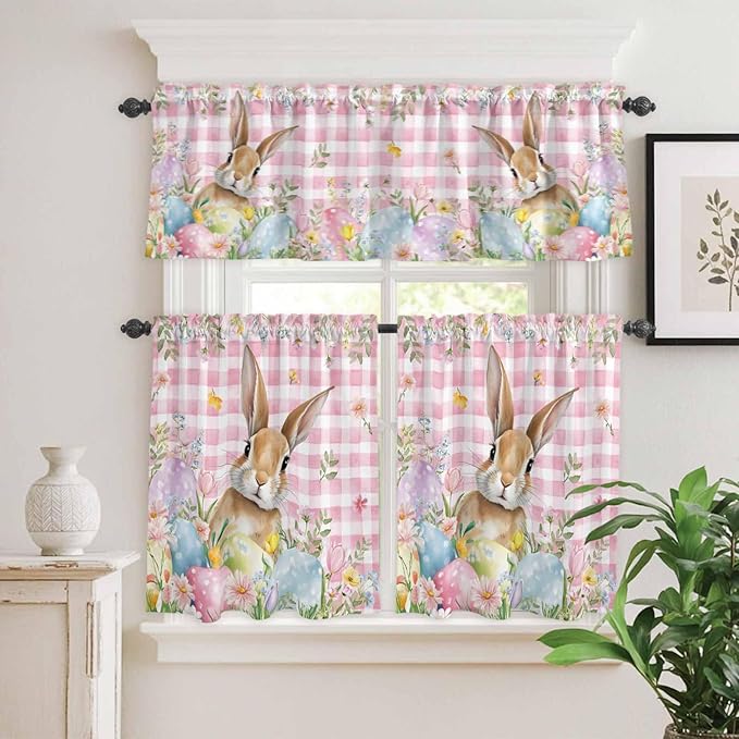 Kitchen Curtains Tiers and Valance Set of 3, Easter Light Filtering Window Curtain Set, Spring Rabbit Eggs Nature Botanicals Pink Plaid Rod Pocket Curtain Drapes for Cafe, Living Room, 36 Inches Tiers