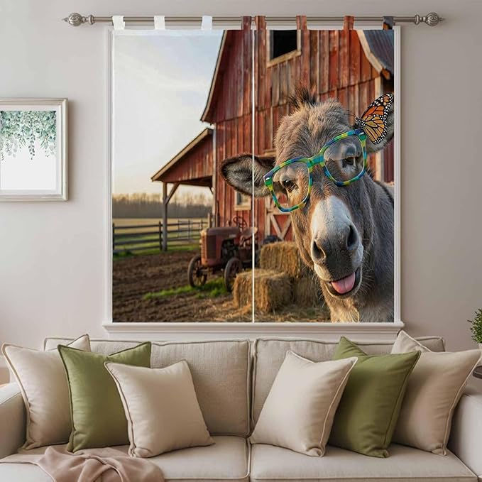Farm Donkeys Bathroom Curtains 63 Inch Length, Window Curtains Tab Top, Farmhouse Barn Funny Animals Butterfly Light Filtering Window Treatments Drapes 52"x63" 2 Panel
