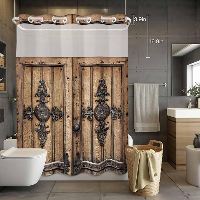 Wood Barn Door No Hook Shower Curtain with Snap in Liner Set, Waterproof Shower Curtains for Bathroom, Wooden Plank Fabric Shower Curtain, See Through Mesh Top Window, 60" W x 72" L