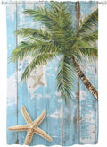 Sheer Curtains 72 Inches Long, Coastal Beach Blue Semi Sheer Curtains Light Filtering Window Treatment, Tropical Coconut Tree Vintage Wood Grain Privacy Voile Drapes for Living Room Bedroom 52x72 Inch