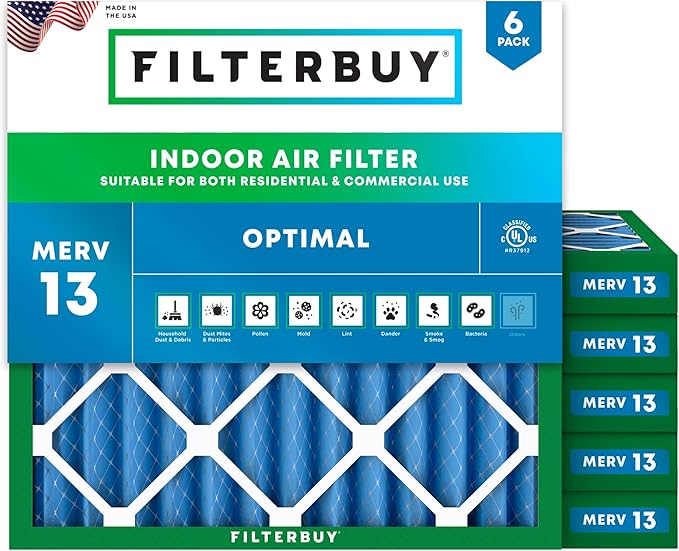 Filterbuy 10x10x2 Air Filter MERV 13 Optimal Smoke & Allergy Defense (6-Pack), Electrostatic Pleated HVAC AC Furnace Filters Replacement, Made in USA (Actual Size: 9.50 x 9.50 x 1.75)
