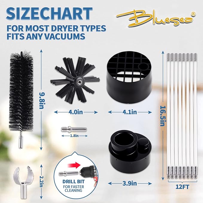 Bluesea 7 Pieces 12 Feet Dryer Vent Cleaner Kit, Reinforced Nylon Dryer Vent Cleaning Kit, Durable Dryer Vent Brush Vacuum Attachment with Flexible Lint Trap Brush, Vacuum & Dryer Adapters
