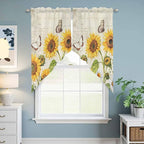 Farm Sunflowers Swag Valances for Windows, Retro Flowers Butterfly Botanical Beige Rod Pocket Kitchen Curtains Valance, Small Window Curtains Swag for Cafe Bathroom Living Room, 2 Panels, 28x36 inch