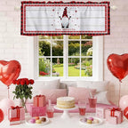 Valentine's Day Valance Curtains for Kitchen, Gnome Red Love Plaid Wood Grain Privacy Rod Pocket Valance Curtain, Light-Filtering Window Treatment for Bedroom Bathroom, 54"x18"
