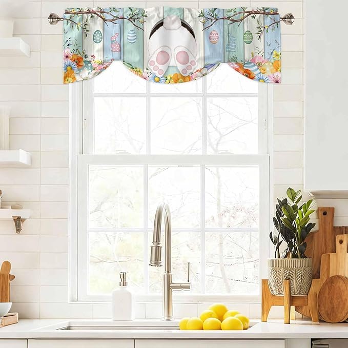 Easter Tie Up Valance Curtains for Windows, Kitchen Curtains Window Shades, Spring Watercolor Bunny Eggs Wood Grain Teal Blue Light Filtering Roman Curtain Valances for Bedroom/Bathroom/Cafe 60"x18"