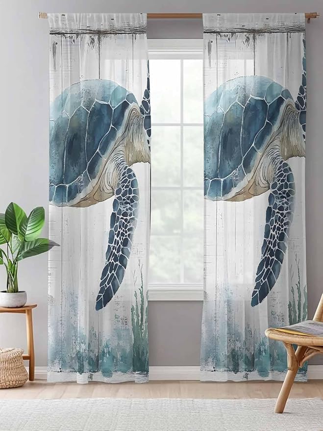 Sheer Curtains 96 Inches Long, Sea Turtle Teal Blue Semi Sheer Curtains Light Filtering Window Treatment, Summer Coastal Ocean Wood Grain Privacy Voile Drapes for Living Room Bedroom 52x96 Inch