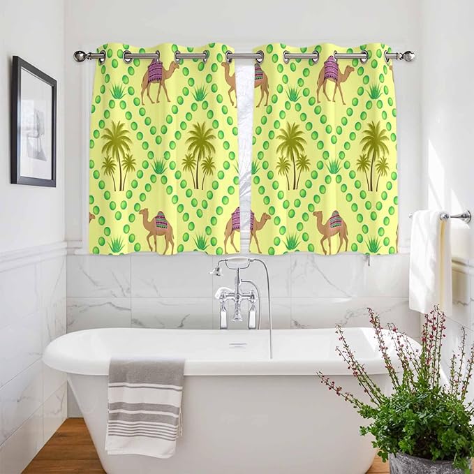 2 Panel Kitchen Cafe Curtains, Desert Sand Camels Sunlight Filtering Nature Air Through, Home Decor Window Covering Tier Curtains for Bedroom Living Room Palm Trees Tropical Plants Polka Dot Yellow