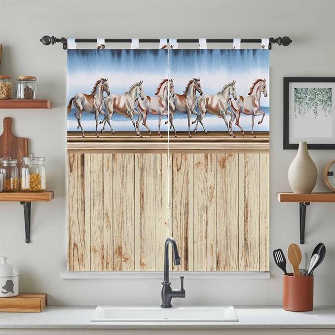Western Horse Living Room Curtains 84 Inch Length, Window Curtains Tab Top, Farmhouse Wooden Grain Vintage Cowboy Barn Door Light Filtering Window Treatments Drapes 42"x84" 2 Panel