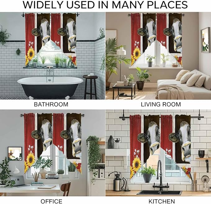 Cows Sunflowers Swag Valances for Windows, Rustic Farms Barns Flowers Bees Animals Rod Pocket Kitchen Curtains Valance, Kitchen Window Curtains Swag for Cafe Bathroom Living Room, 2 Panels, 36x63 inch