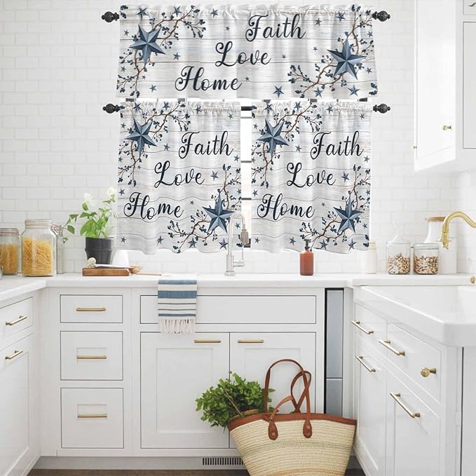 Kitchen Curtains Tiers and Valance Set of 3, Farmhouse Light Filtering Window Curtain Set, Blue Country Texas Star Vintage Berries Wooden Rod Pocket Curtain Drapes for Living Room, 36 Inches Tiers