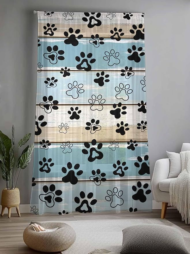 Sheer Curtains 96 Inches Long, Blue Beige Paw Print Semi Sheer Curtains Light Filtering Window Treatment, Vintage Farmhouse Country Wood Grain Privacy Voile Drapes for Living Room Bedroom 52x96 Inch