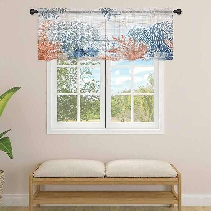 Ocean Corals Sheer Valance Curtains, Summer Beach Coral Sea Stars Wood Grain Light Filtering Kitchen Valances Rod Pocket Voile Curtain Window Treatment for Bedroom/Living Room/Basement 42Wx12L