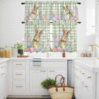 Kitchen Curtains Tiers and Valance Set of 3, Easter Light Filtering Window Curtain Set, Spring Bunny Colorful Eggs Floral Leaves Grey Plaid Rod Pocket Curtain Drapes for Living Room, 36 Inches Tiers
