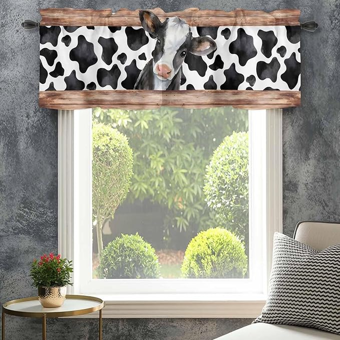 Cow Printed Curtain Valances for Windows, Kitchen Valance Window Treatment, Farmhouse Watercolor Country Wooden Grain Light Filtering Block Curtains for Bathroom/Bedroom/Living Room 60'' x 18''