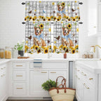 Kitchen Curtains Tiers and Valance Set of 3, Sunflowers Dog Light Filtering Window Curtain Set, Spring Watercolor Floral Stars Grey Plaid Rod Pocket Curtain Drapes for Living Room, 36 Inches Tiers