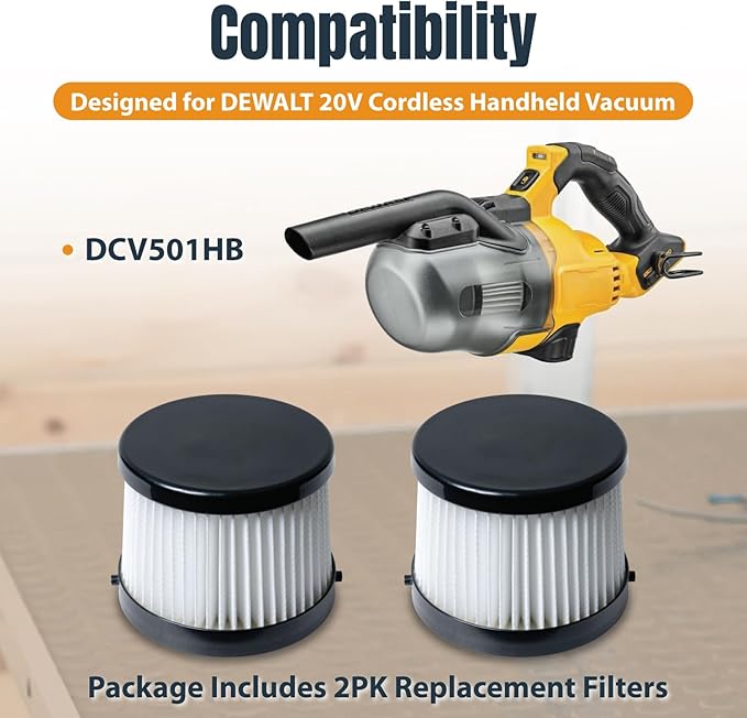 POWERTEC DCV5011H HEPA Filters for DeWalt DCV501HB 20V Cordless Handheld Vacuum 2 Pack, Cartridge Filter for DeWalt Vacuums (75122-P2)