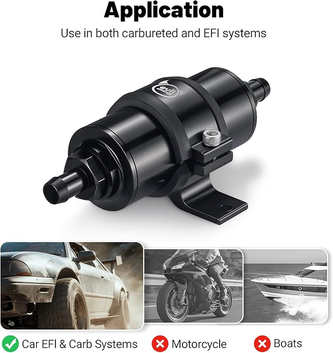EVIL ENERGY Inline Fuel Filter 100 Micron with Barb 1/2", 3/8", 5/16" Fitting Adapter, Bracket Clamp 50MM Universal Aluminum Black for Gasoline, Diesel, Rubber Fuel Line