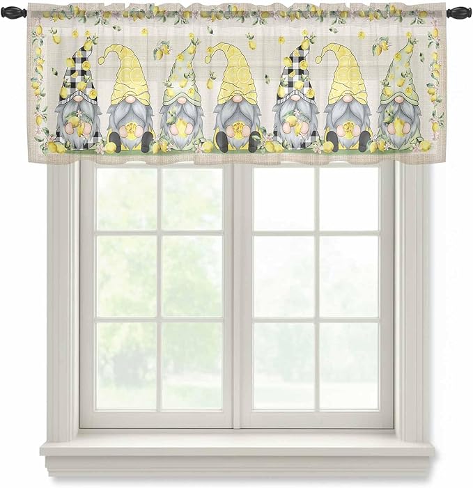 Rustic Lemon Gnomes Sheer Valance Curtains, Summer Fruit Leaves Retro Linen Texture Light Filtering Kitchen Valances Rod Pocket Voile Curtain Window Treatment for Bedroom/Living Room/Basement 54Wx18L