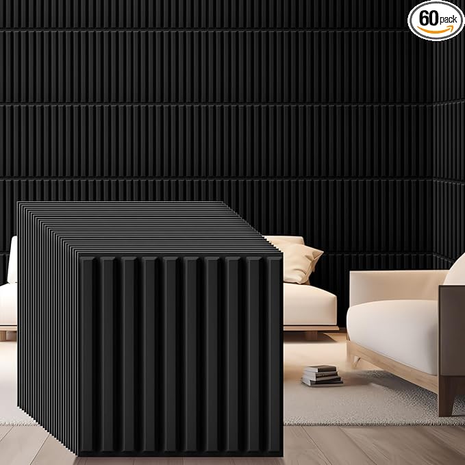 Nuanchu 60 Pcs 3D Slat Wall Panels 12 x 12 Inch PVC Fluted Textured Panel Cuttable Paintable DIY Wall Art Decorative Tiles for Ceiling Studio Bathroom Interior TV Background (Black)