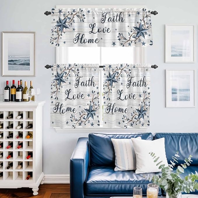 Farmhouse Kitchen Curtains Set 3 Piece for Windows,Rod Pocket Valance and Tier Set 24 Inch Length,Blue Country Texas Star Vintage Berries Wooden Light Filtering Cafe Curtains for Living Room
