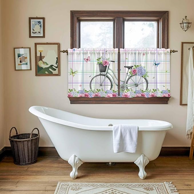Spring Tier Curtains, Bicycles Botanical Leaves Rose Colorful Stripes Light Filtering Kitchen Curtains, 2Pcs Rod Pocket Half Window Treatments Panels for Sink Cafe Cabinet Camper 27.5x36 Inches