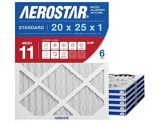 Aerostar 20x25x1 MERV 11 Air Filter, 6 Count, ACTUAL SIZE (19.75 x 24.75 x 0.75), HVAC, Air Conditioning & Furnace Filter for Dust, Pet Dander, Smoke & Allergies (MPR 1200 / FPR 7), Made in USA