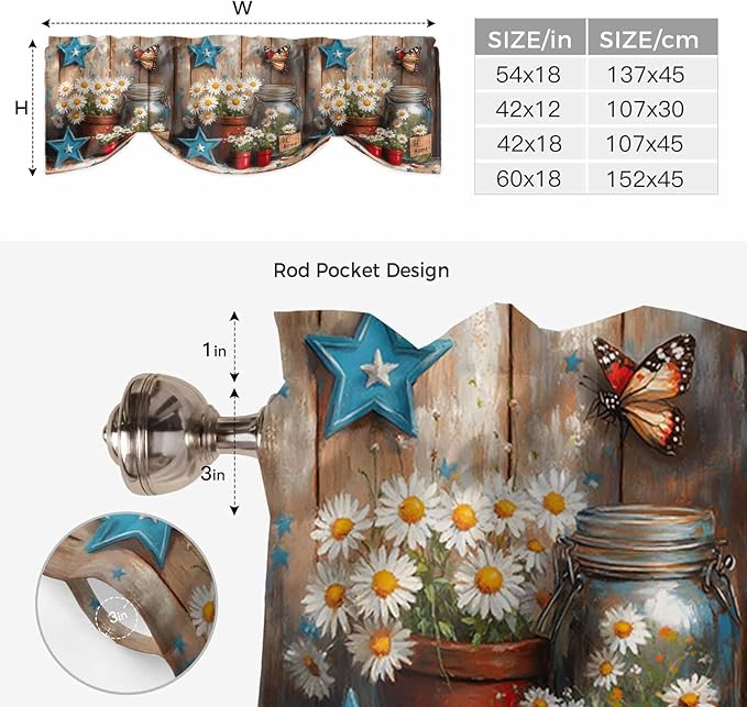 Country Flower Tie Up Valance for Window, Western Texas Star Butterfly Barn Door Adjustable Balloon Window Shade Valance Curtain for Kitchen Cafe Bathroom Window Treatment Panel 54''x18''