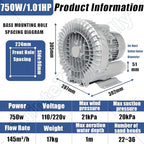Vortex Ring Regenerative Blower,Single Phase High-Pressure Industrial Vacuum Pump,Electric Air Pump,for Industrial Applications,Construction Sites,Fish Pond Aeration 750W/1.01HP