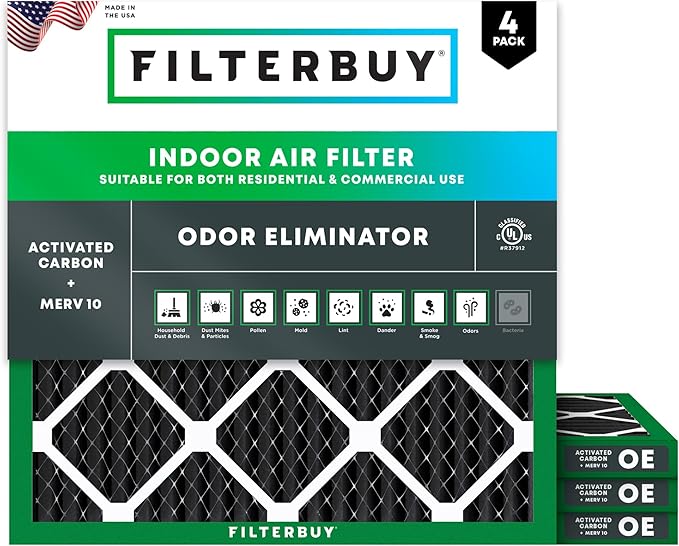 Filterbuy 25x25x1 Air Filter MERV 10 Odor & Allergy Defense with Activated Carbon (4-Pack), Electrostatic Pleated HVAC AC Furnace Filters Replacement, Made in USA (Actual Size: 24.50 x 24.50 x 0.75)
