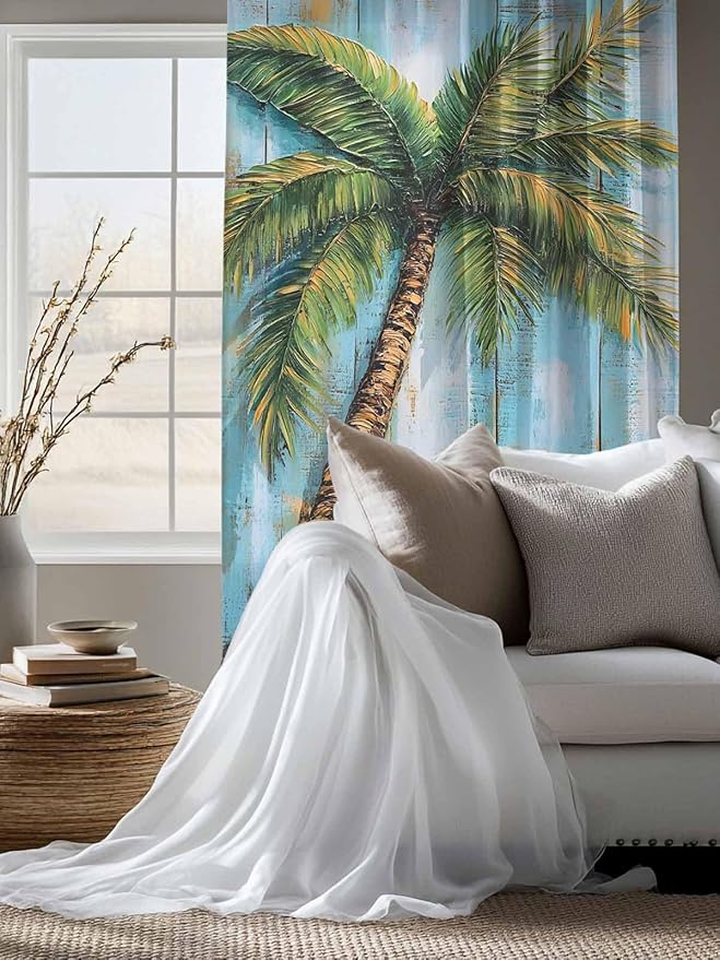 Sheer Curtains 72 Inches Long, Coastal Beach Tree Semi Sheer Curtains Light Filtering Window Treatment, Summer Tropical Starfish Wood Grain Privacy Voile Drapes for Living Room Bedroom 52x72 Inch