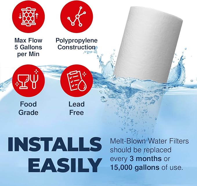 American Made, Sediment Water Filter, 10" x 4.5", Replacement for Pentair Pentek DGD-5005, GE® GXWH40L, GXWH35F, Culligan® RFC-BBSA, 3M® Aqua-Pure® AP810, 5 Micron, Pack of 4
