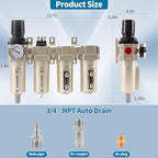 3/4" NPT Industrial Grade 4 Stage Air Compressor Drying System, 0-240 PSI, Particulate & Coalescing Filters, Auto Drain Air Compressor Water Separator System Filter Oil for Paint Spray＆ Plasma Cutter