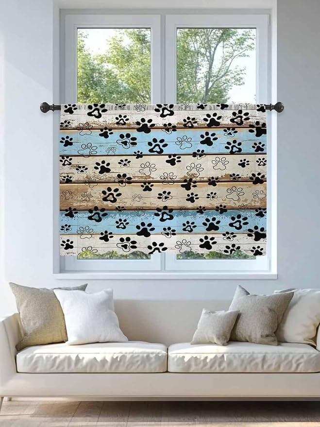 Sheer Curtains 45 Inch Length, Blue Brown Paw Prints Semi Sheer Curtains Light Filtering Window Treatment, Vintage Farmhouse Rustic Wooden Grain Privacy Voile Drapes for Living Room Bedroom 52x45 Inch