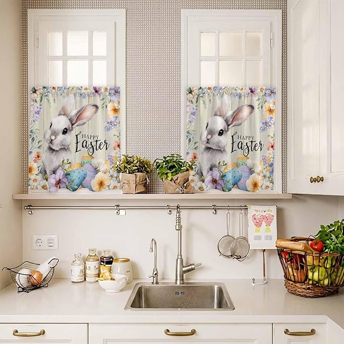 Easter Grey Bunny Kitchen Curtains Set 3 Piece for Windows,Rod Pocket Valance and Tier Set 36 Inch Length,Spring Colorful Eggs Flower Wooden Grain Light Filtering Cafe Curtains for Living Room