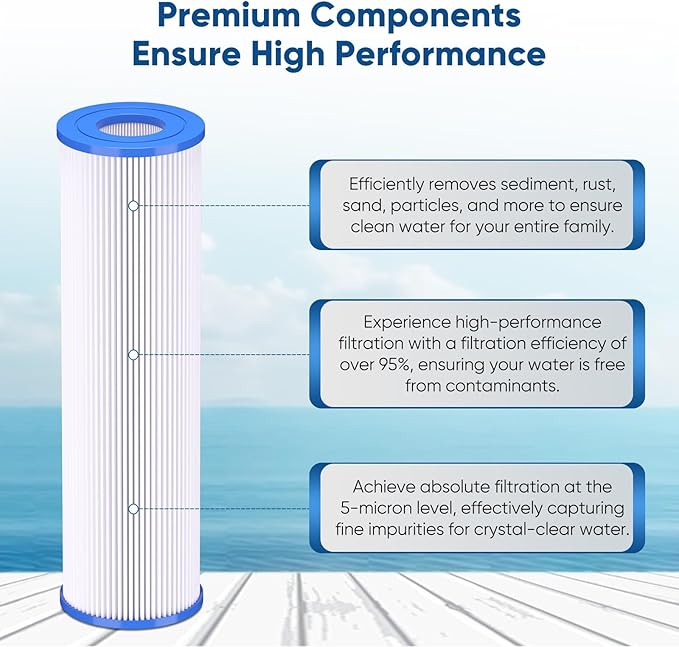 PUREPLUS 5 Micron 10"x2.5" Whole House Pleated Sediment Filter for Well Water, Replacement Cartridge for Universal 10 inch RO System, W50PE, WFPFC3002, SPC-25-1050, FM-50-975, 801-50, WB-50W, 2Pack