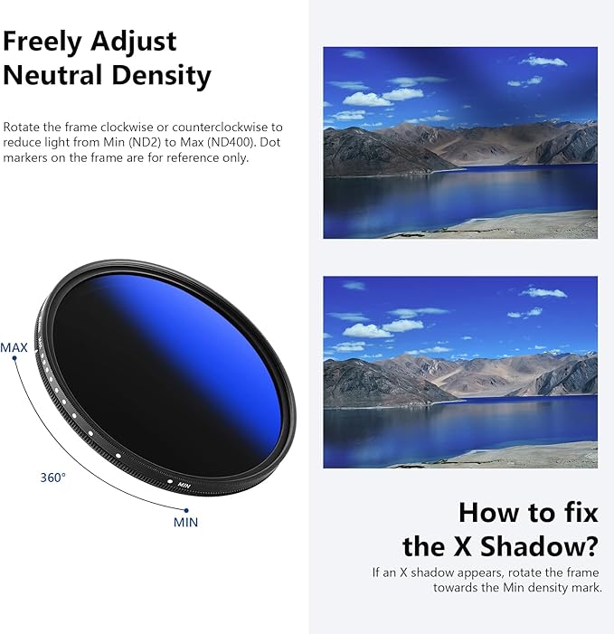 NEEWER 52mm Variable ND Filter ND2-ND400 (1-9 Stops), Neutral Density Filter, Multiple Coatings, Water and Scratch Resistant