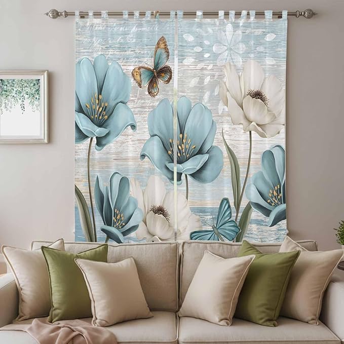 Spring Floral Living Room Curtains 96 Inch Length, Window Curtains Tab Top, Vintage Tulips Flower Butterfly Retro Wood Blue Light Filtering Window Treatments Drapes 52"x96" 2 Panel