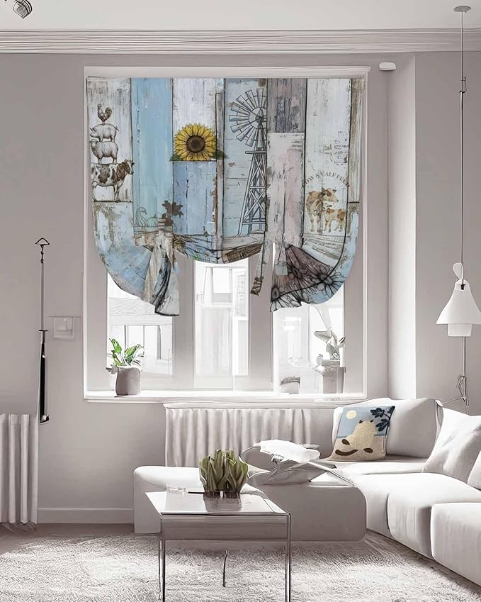 Tie Up Curtains for Windows, Blue Grey Wooden Adjustable Balloon Nature Linen Textured Kitchen Curtain, Farmhouse Barn Sunflowers Retro Tie Up Light Filtering Curtains for Decor, 34 x 45 in